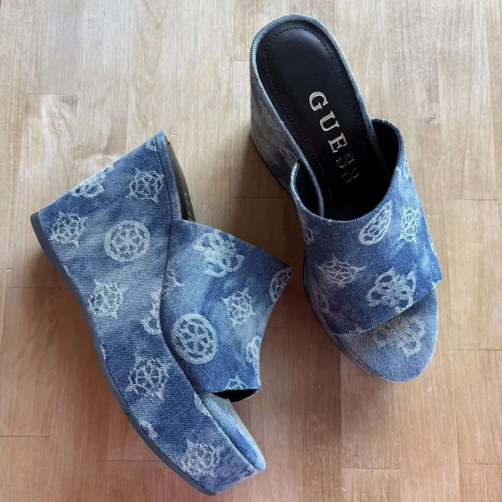 Guess Denim Logo Wedge Mules Women’s 8M Blue Slip On Platform Shoes New - Picture 7 of 10
